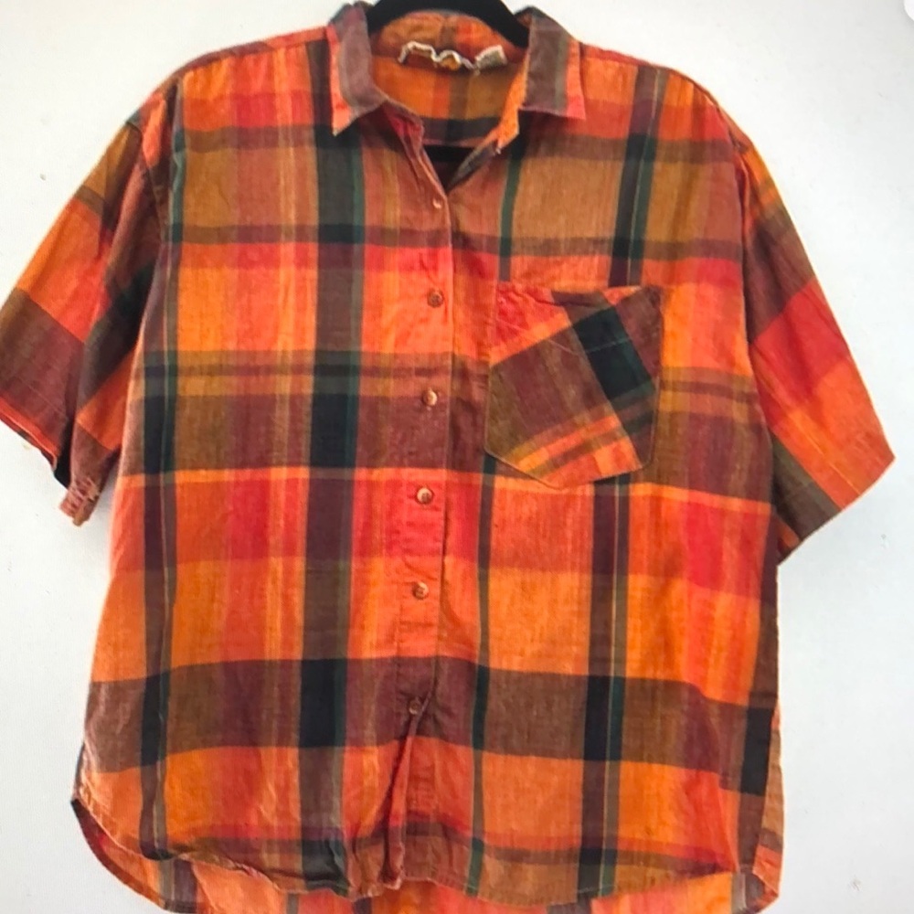 Men’sVintage 70s Union Khaki Brown Plaid Short Sleeve Cotton Shirt Size Large